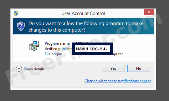 Screenshot where MAVIN LOG, S.L. appears as the verified publisher in the UAC dialog